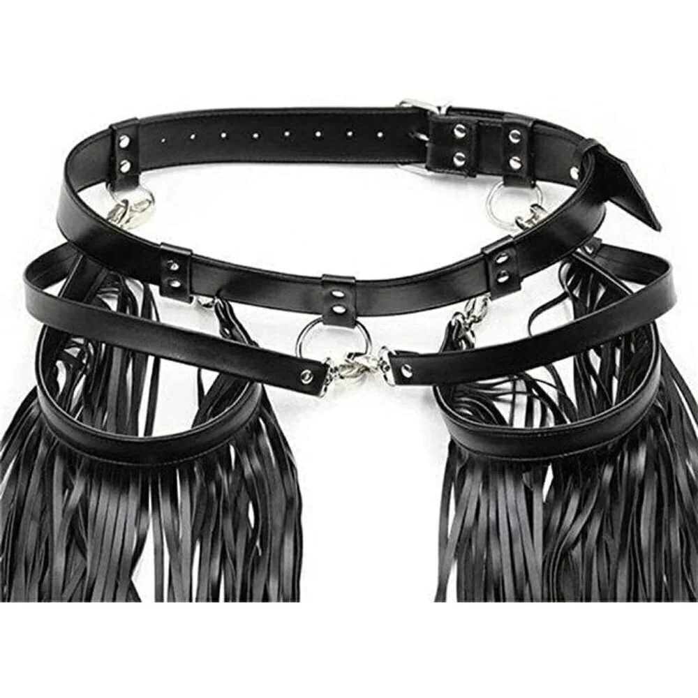 Black Leather Waist Belt Tassel Belly Dance Rave Party Cosplay Bondage BDSM NWT